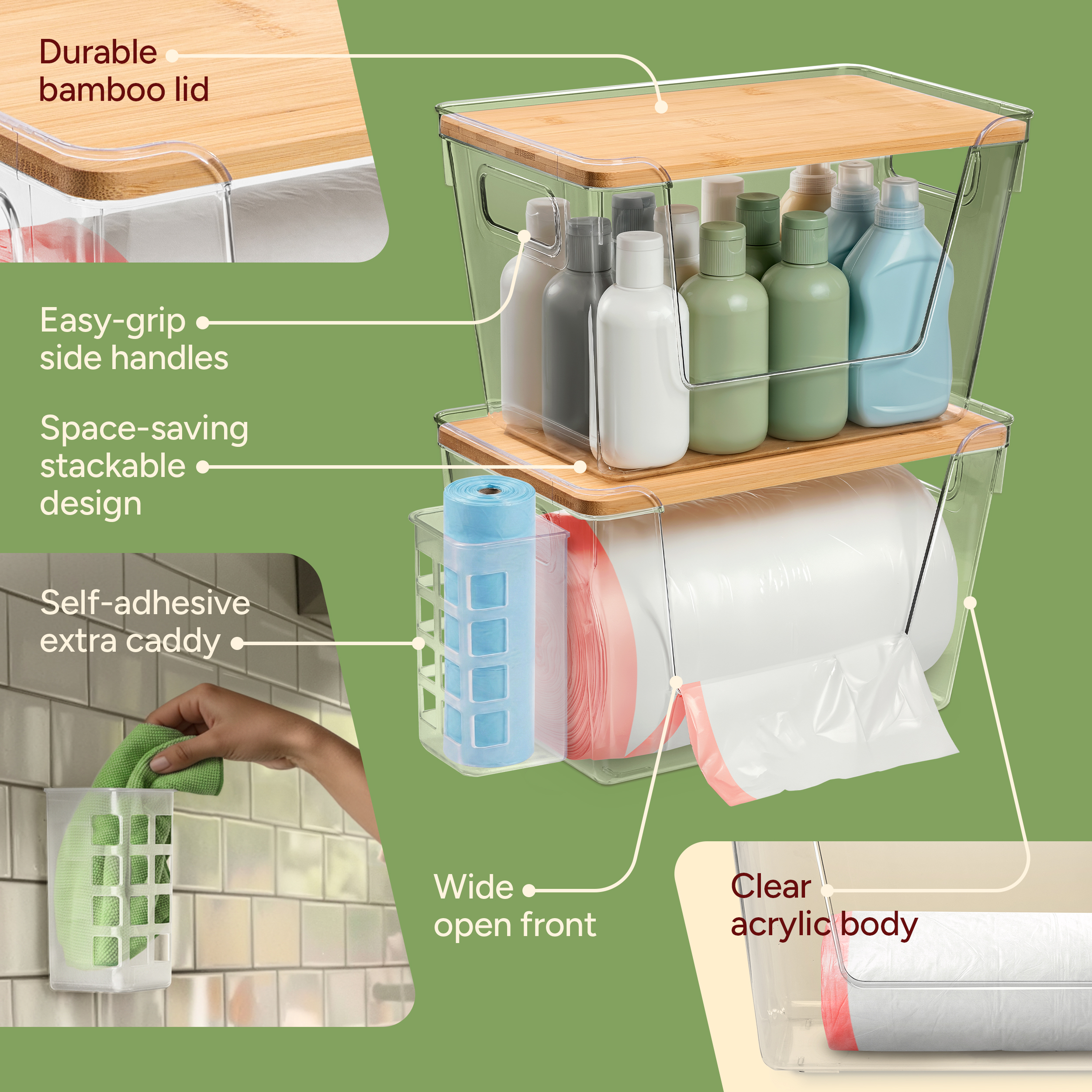 Garbage bag organizer features